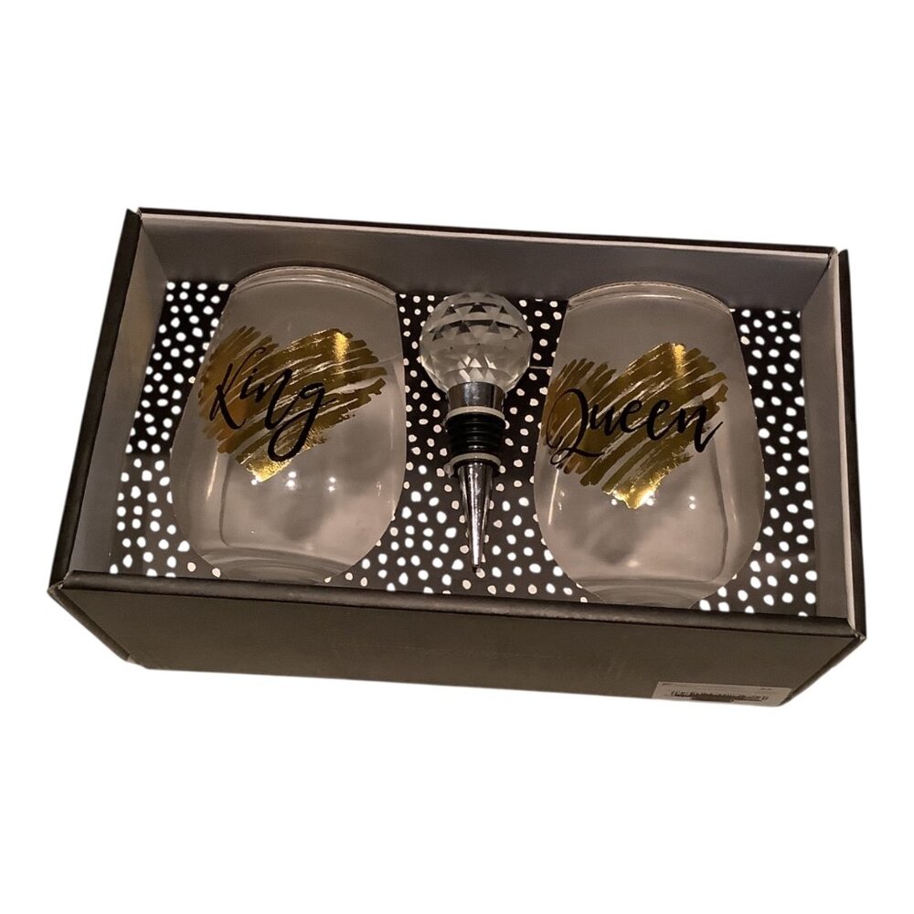 King & Queen 22 Oz Stemless Wine Glasses With‎ Crystal Bottle Stopper Gift Set